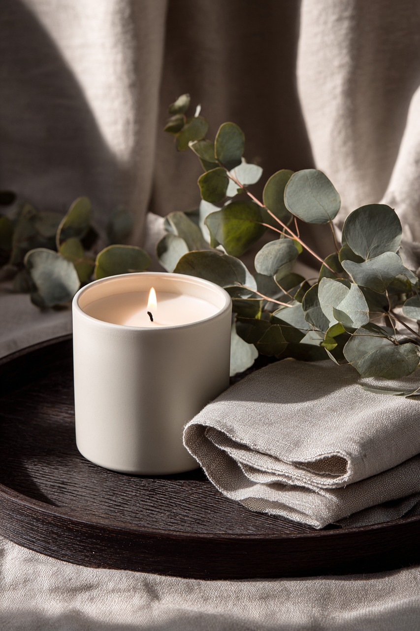 still life, ceramic tableware, linen napkin, eucalyptus leaves, rustic wood table, neutral tones, cozy atmosphere, scented candle, home decor, slow living, natural materials, nordic design, organic texture, soft shadows, fall mood, autumn vibes, branding mockup, lifestyle photography